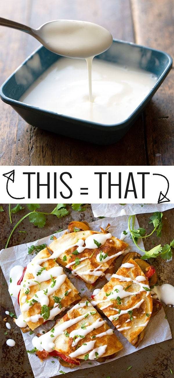 Creamy sauce in a bowl and drizzled on quesadillas.