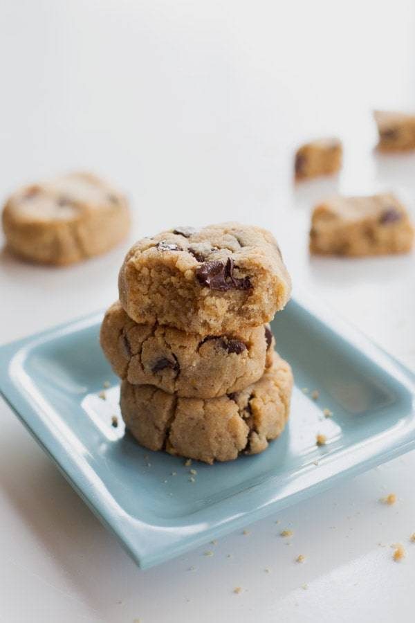 Cookie bites on a blue plate.