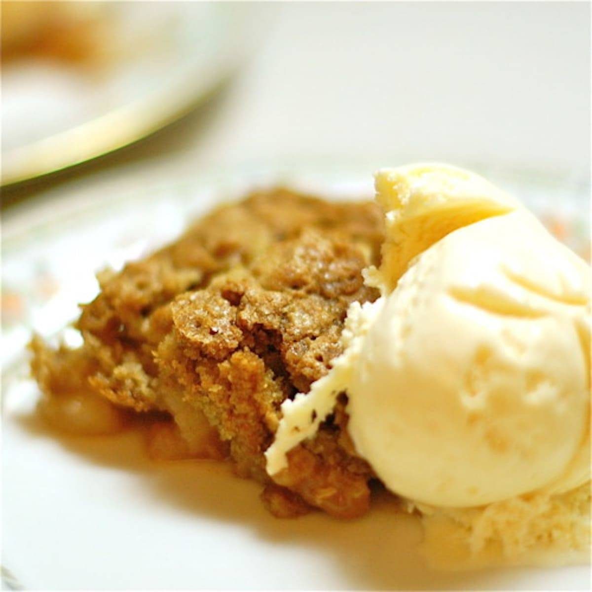 Apple crisp with ice cream on a plate.