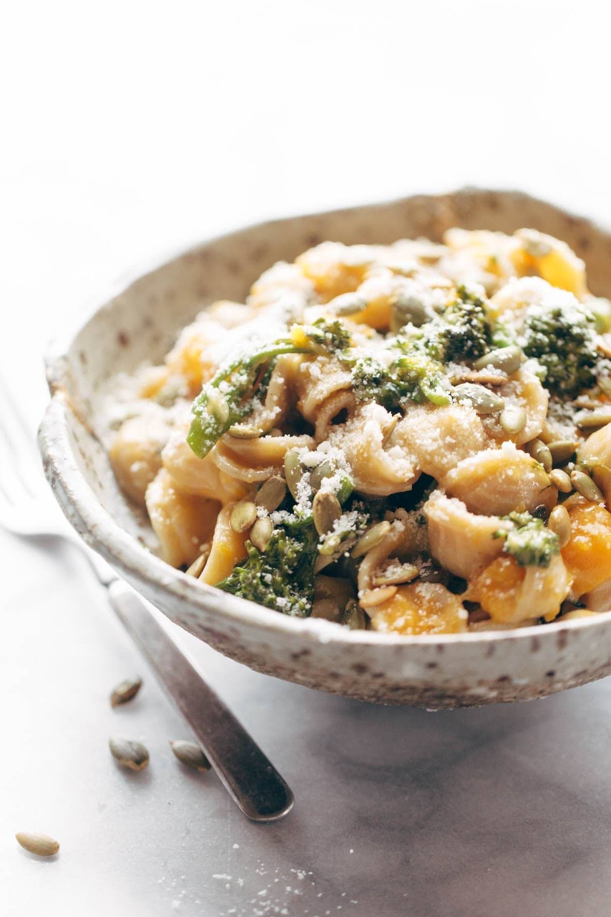 Creamy Parmesan Orecchiette in a bowl with a fork